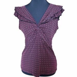 Susan Lawrence red black geometric print top ruffle collar USA made medium Y2K
